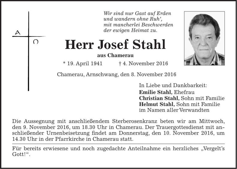 Traueranzeige Josef Stahl
