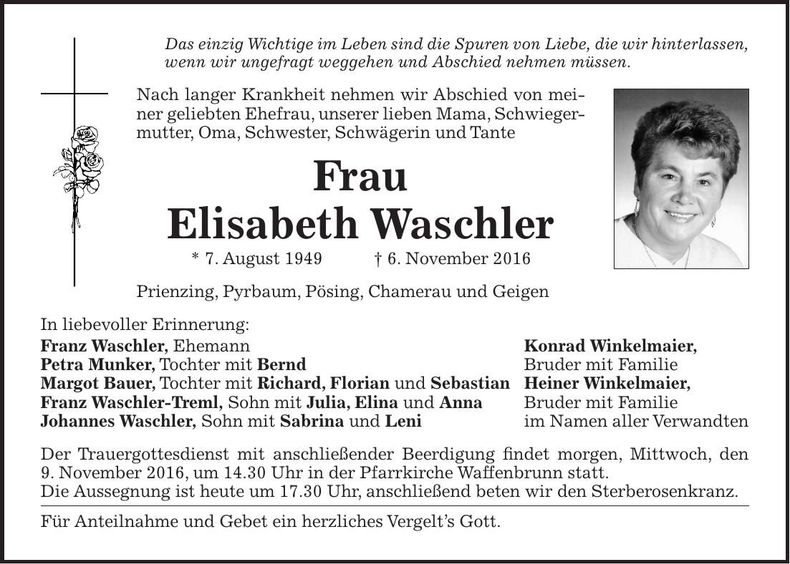 Traueranzeige Elisabeth Waschler