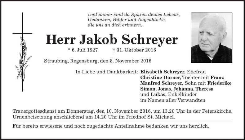 Traueranzeige Jakob Schreyer