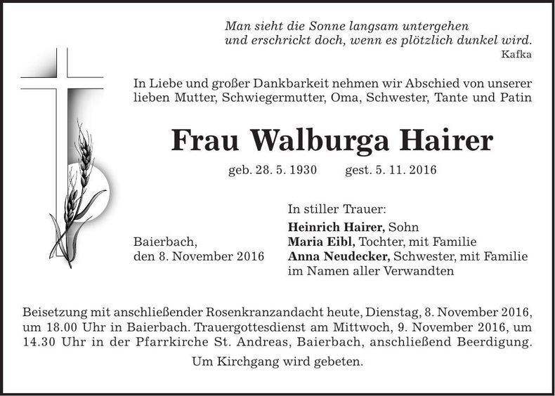 Traueranzeige Walburga Hairer