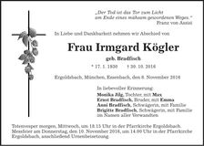 Traueranzeige Irmgard Kögler