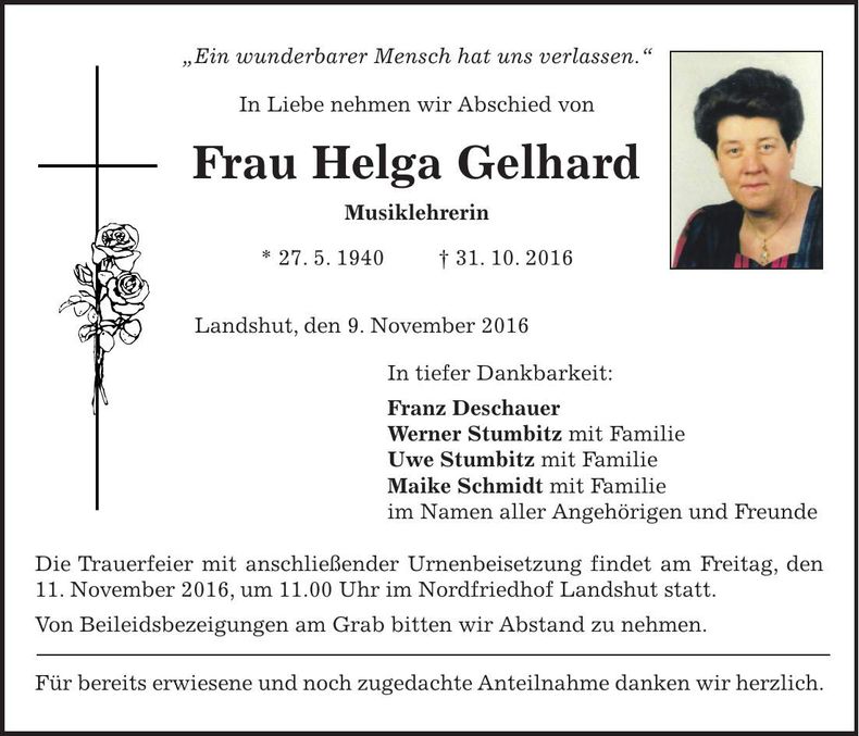 Traueranzeige Helga Gelhard