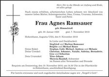 Traueranzeige Agnes Ramsauer
