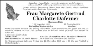 Traueranzeige Margarete Gertrud Charlotte Daferner