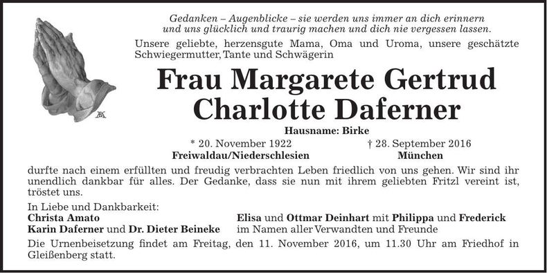 Traueranzeige Margarete Gertrud Charlotte Daferner