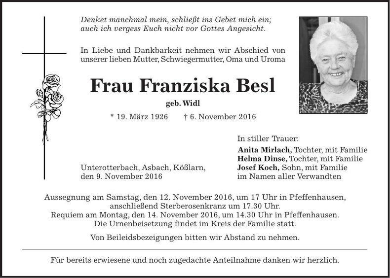 Traueranzeige Franziska Besl