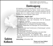 Traueranzeige Sabine Kolbeck