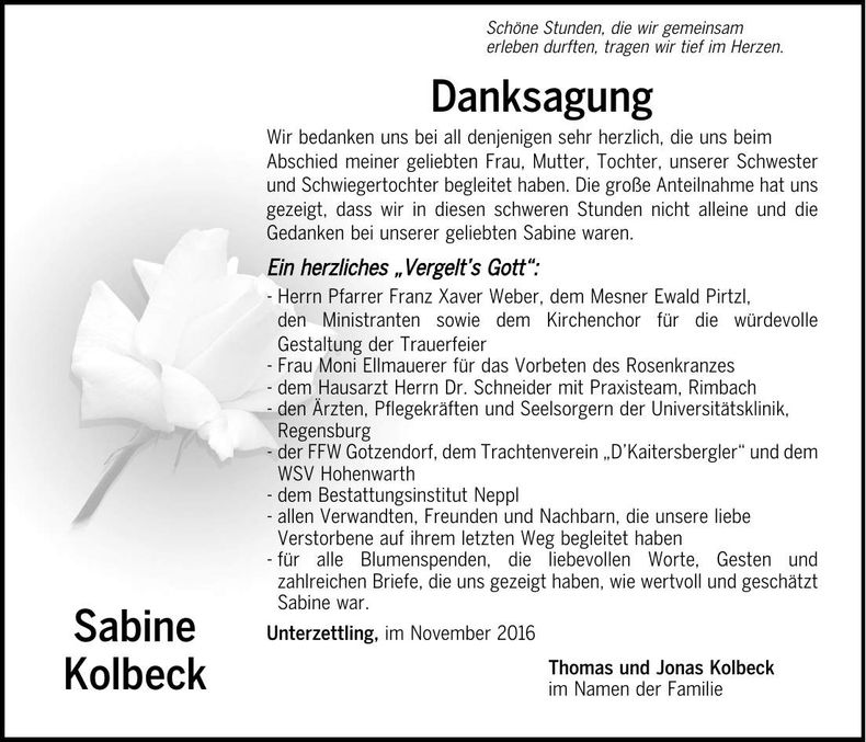 Traueranzeige Sabine Kolbeck