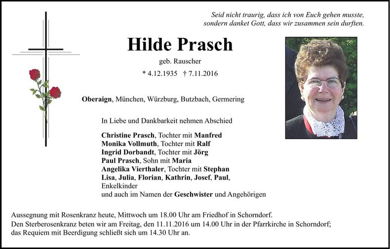 Traueranzeige Hilde Prasch