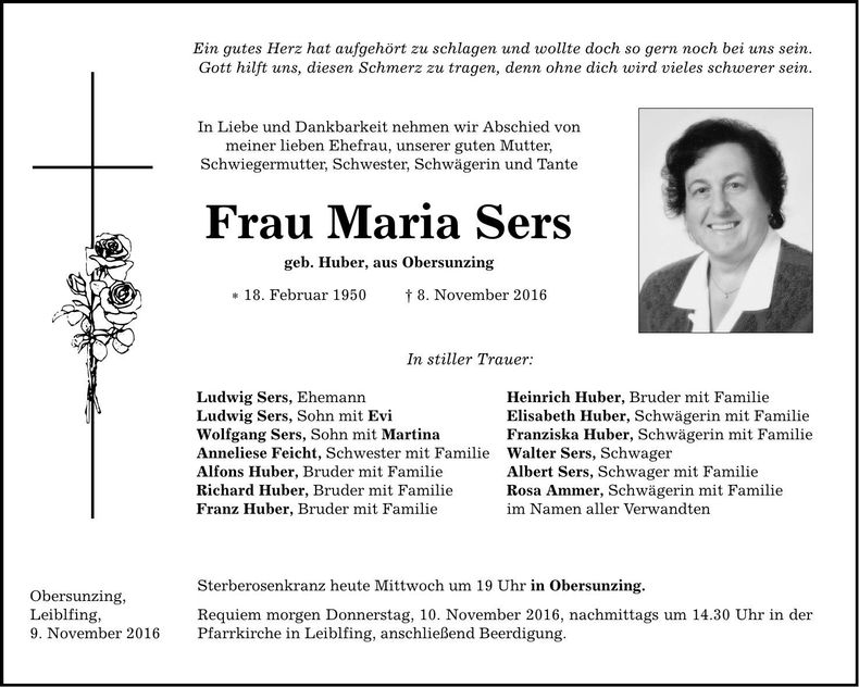 Traueranzeige Maria Sers