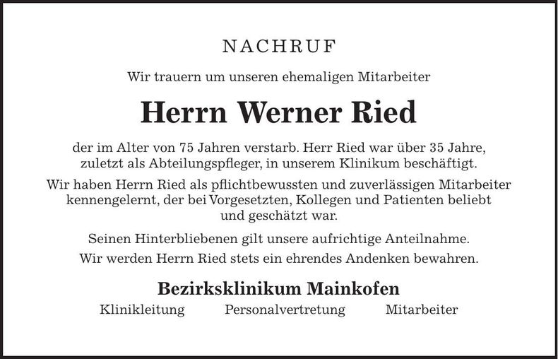 Traueranzeige Werner Ried