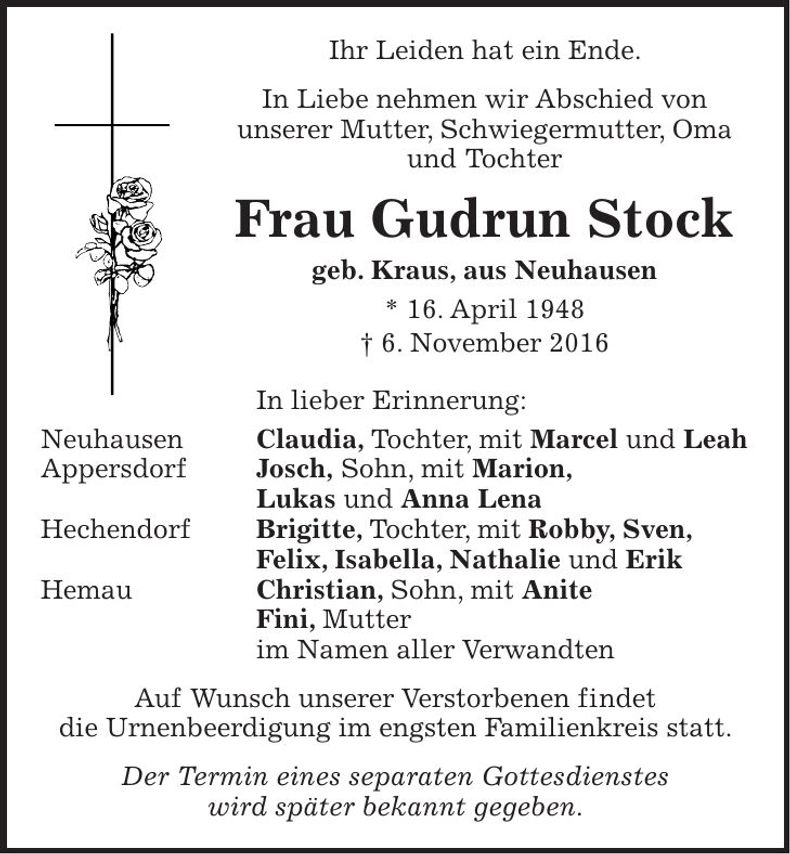 Traueranzeige Gudrun Stock