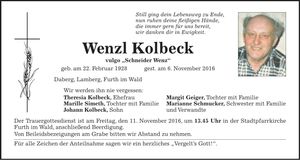 Traueranzeige Wenzl Kolbeck