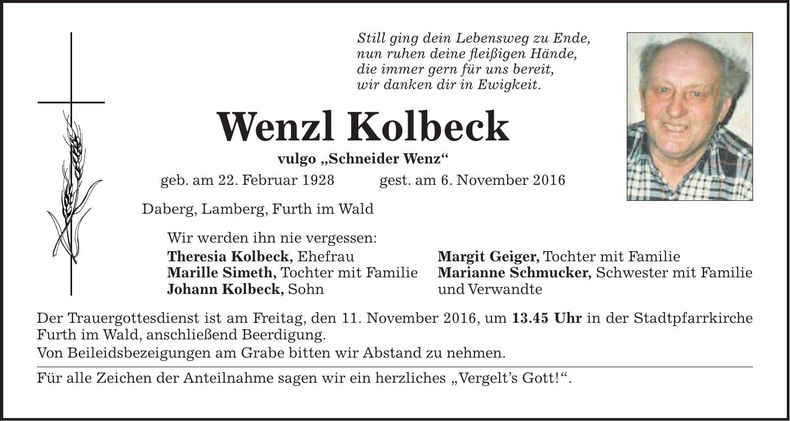 Traueranzeige Wenzl Kolbeck