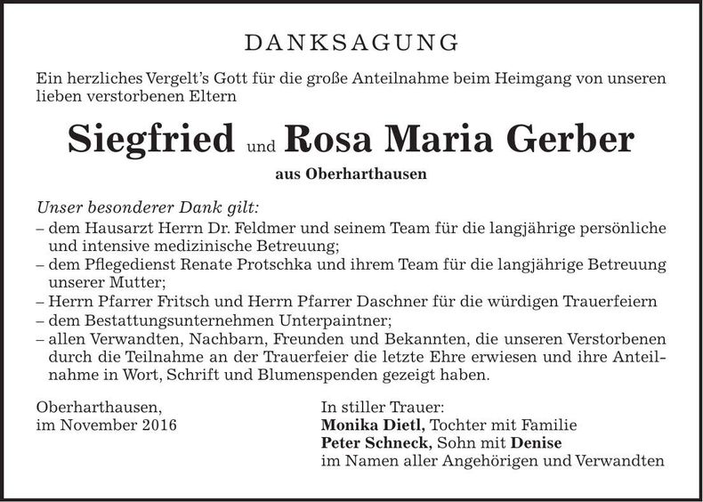 Traueranzeige Siegfried und Rosa Maria Gerber