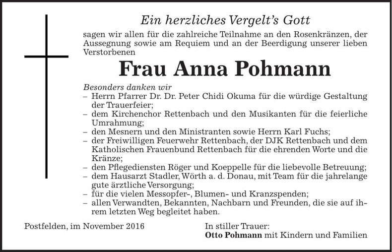 Traueranzeige Anna Pohmann