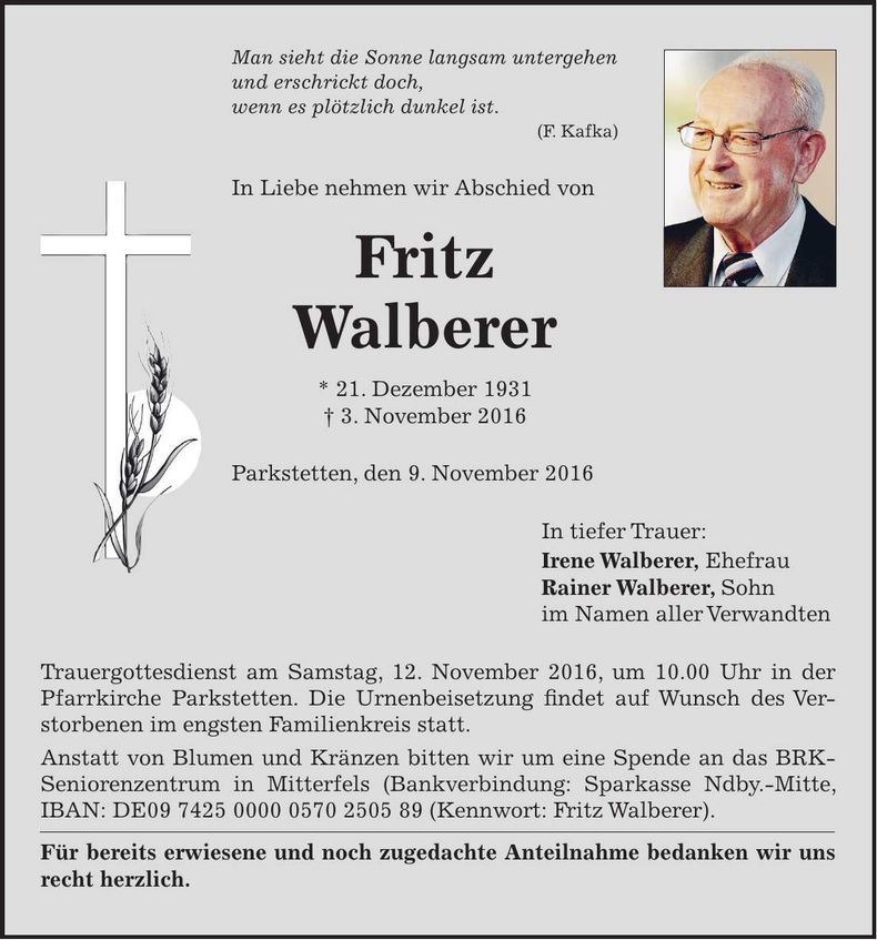 Traueranzeige Fritz Walberer