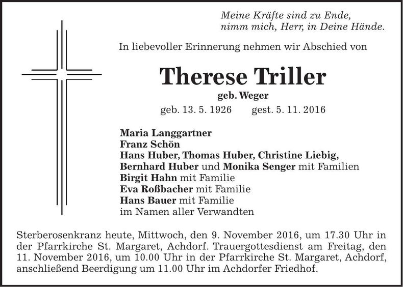 Traueranzeige Therese Triller