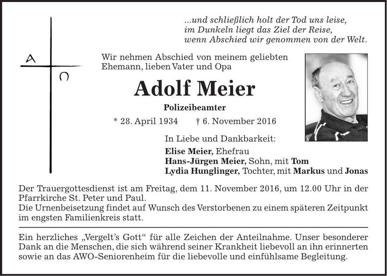 Traueranzeige Adolf Meier