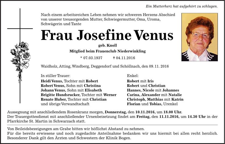 Traueranzeige Josefine Venus