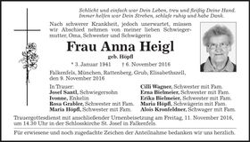 Traueranzeige Anna Heigl