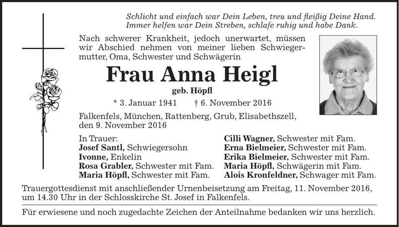 Traueranzeige Anna Heigl
