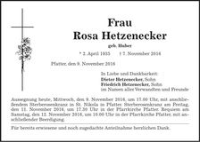 Traueranzeige Rosa Hetzenecker