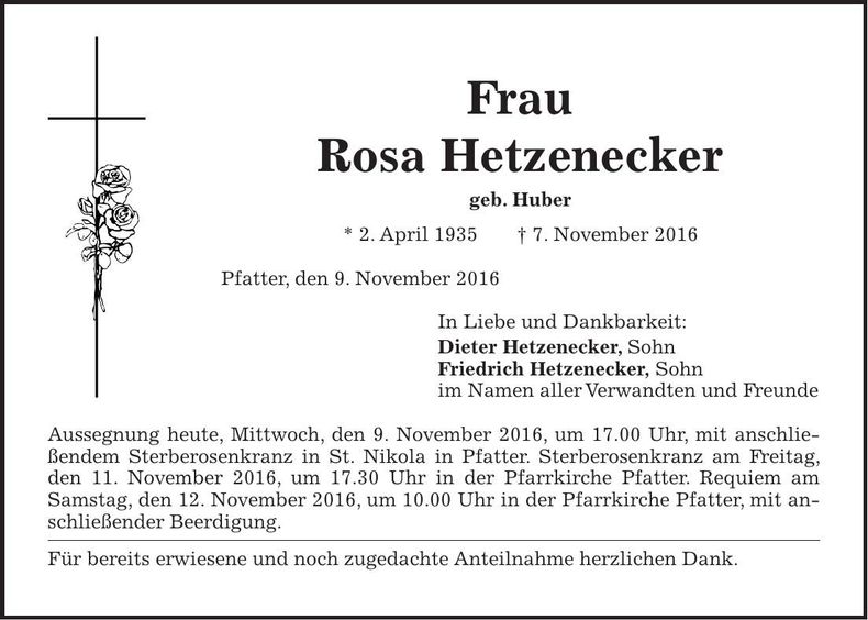 Traueranzeige Rosa Hetzenecker