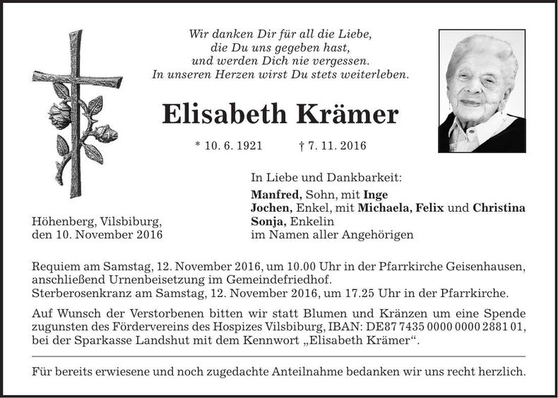 Traueranzeige Elisabeth Krämer