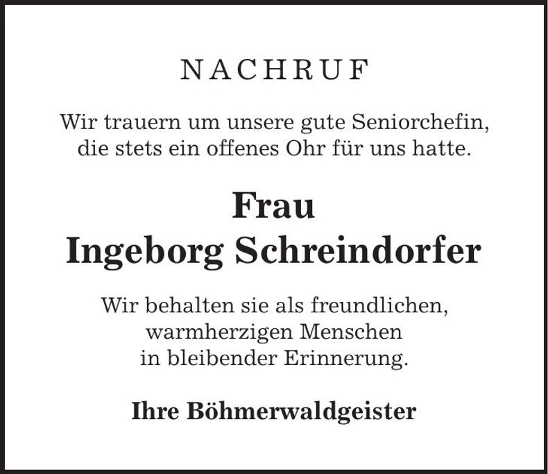 Traueranzeige Ingeborg Schreindorfer