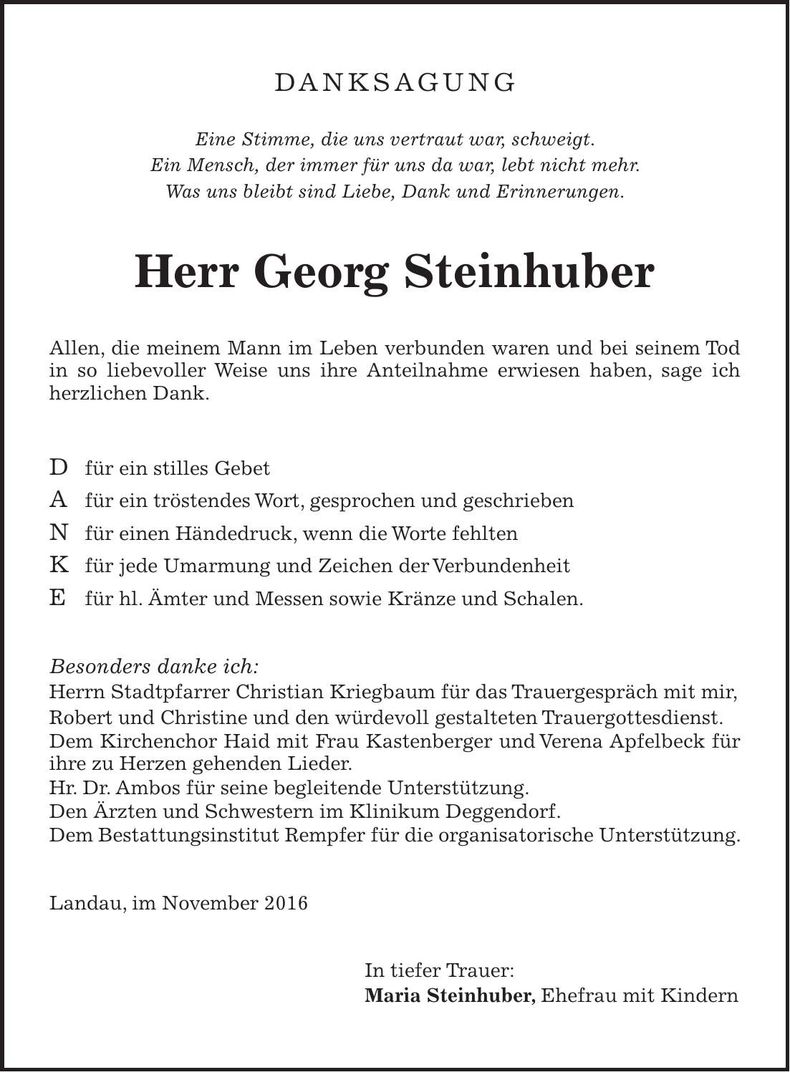 Traueranzeige Georg Steinhuber