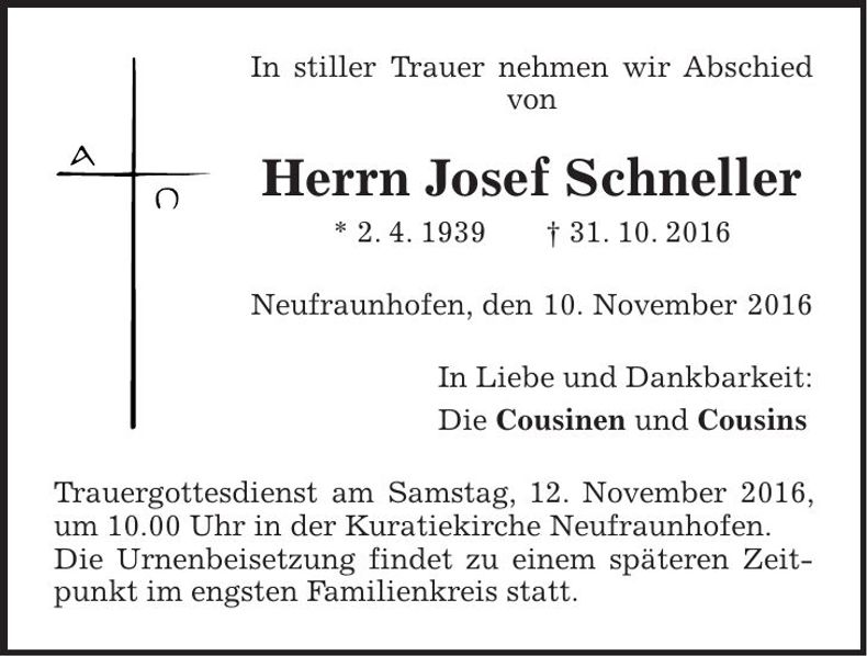 Traueranzeige Josef Schneller