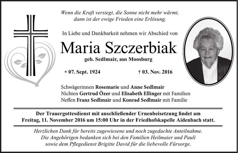 Traueranzeige Maria Szczerbiak
