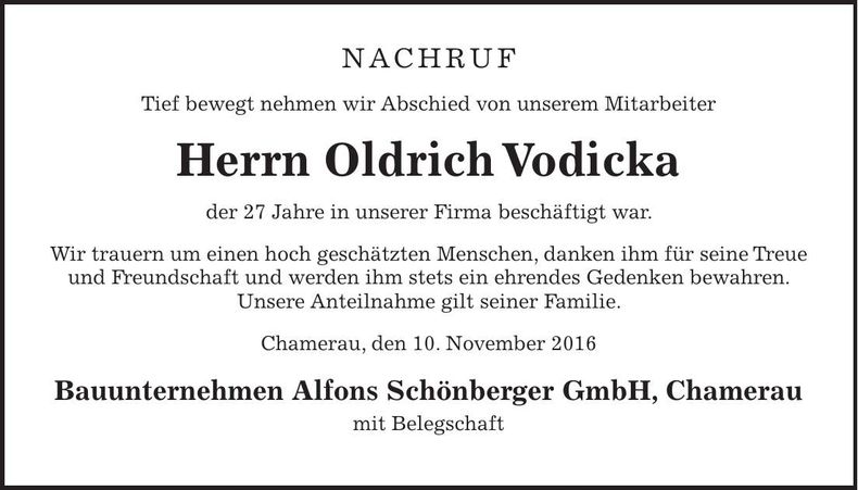 Traueranzeige Oldrich Vodicka