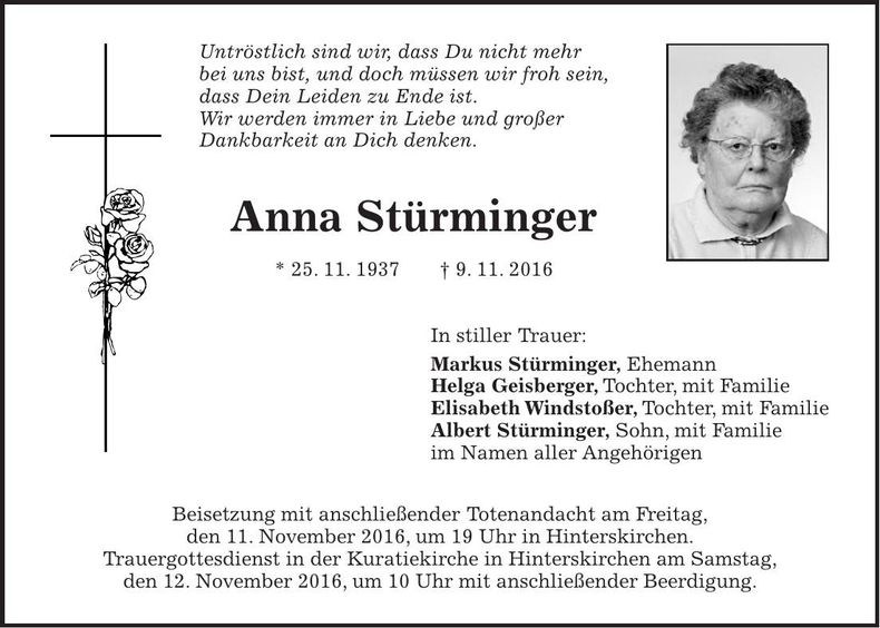 Traueranzeige Anna Stürminger
