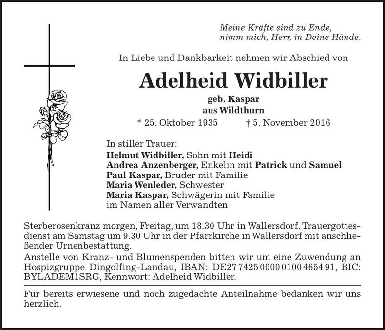 Traueranzeige Adelheid Widbiller