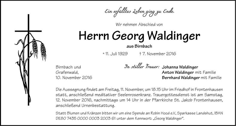 Traueranzeige Georg Waldinger