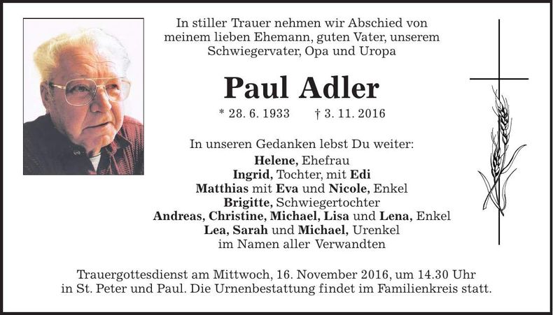 Traueranzeige Paul Adler