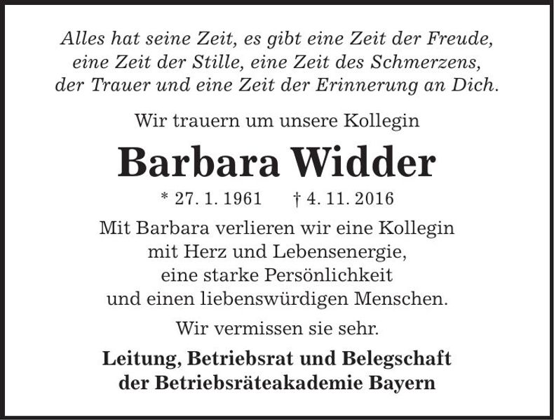 Traueranzeige Barbara Widder