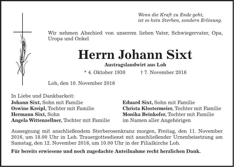 Traueranzeige Johann Sixt