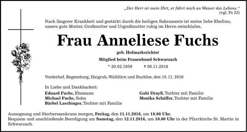 Traueranzeige Fuchs Anneliese