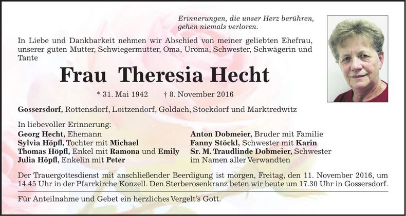 Traueranzeige Theresia Hecht