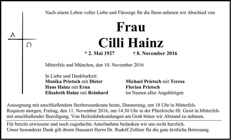 Traueranzeige Cilli Hainz