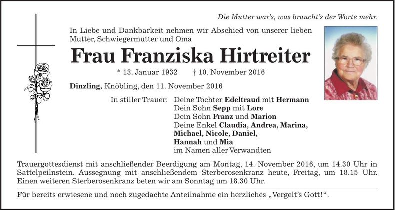 Traueranzeige Franziska Hirtreiter