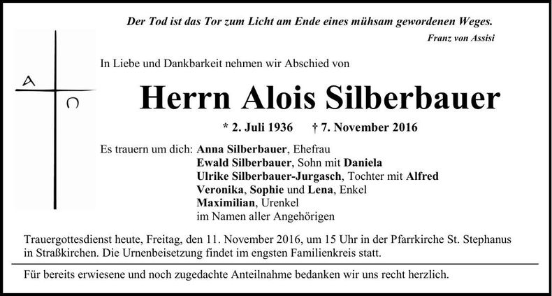 Traueranzeige Alois Silberbauer