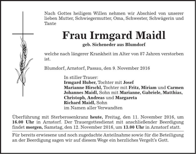 Traueranzeige Irmgard Maidl