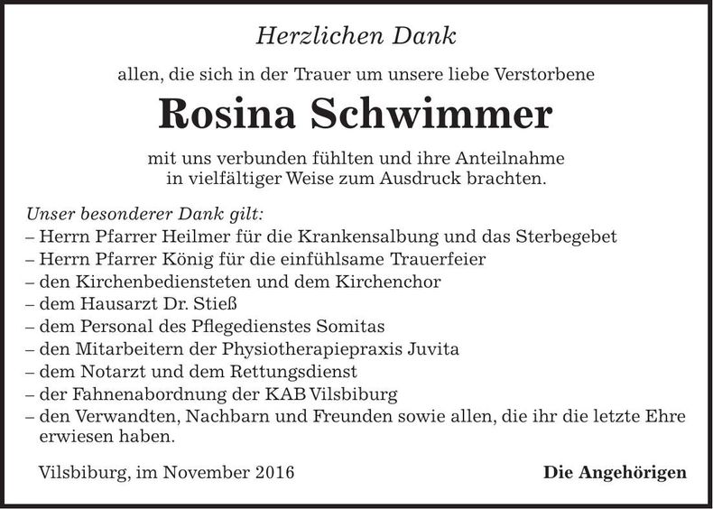 Traueranzeige Rosina Schwimmer