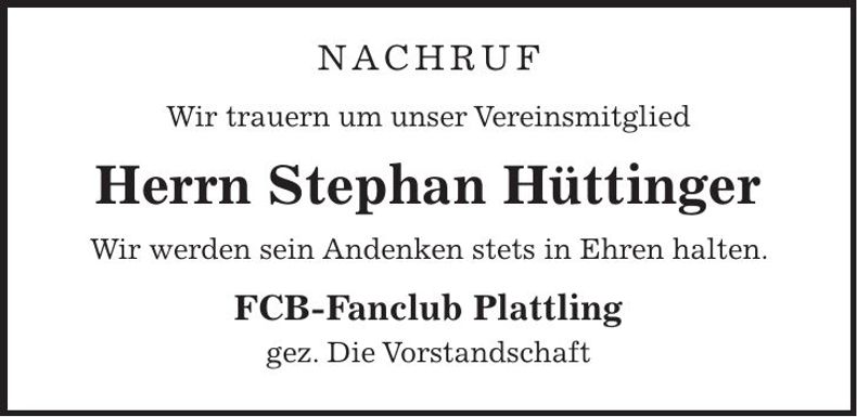 Traueranzeige Stephan Hüttinger