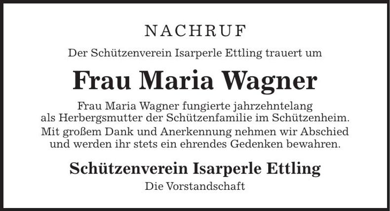 Traueranzeige Maria Wagner