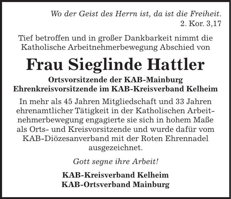 Traueranzeige Sieglinde Hattler